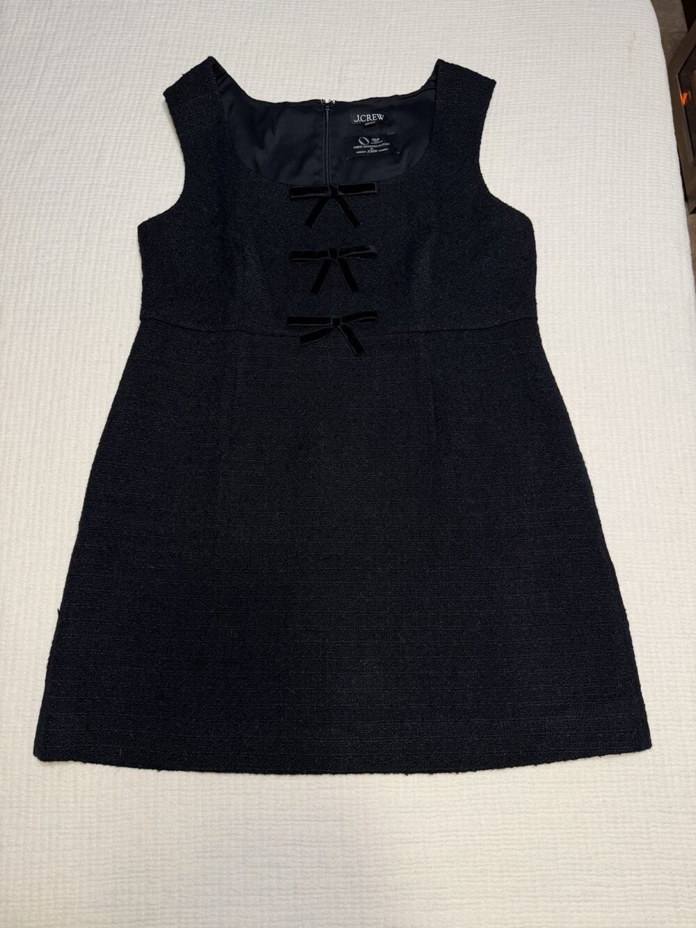 J.Crew Black Tweed Velvet Bow Square Neck A-Line Dress Old Money Quiet Luxury